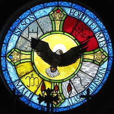 Sacred Eagle stained glass window at Church of St Anne on Lennox Island, made by Firehorse Studios, Charlottetown, PEI