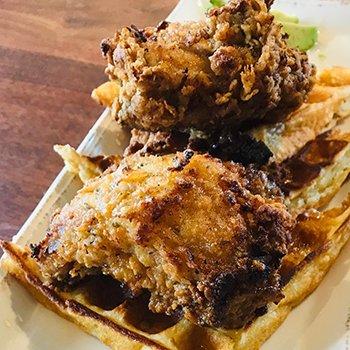 Fried chicken and waffles at Kuugaq Café, Cambridge Bay, Nunavut